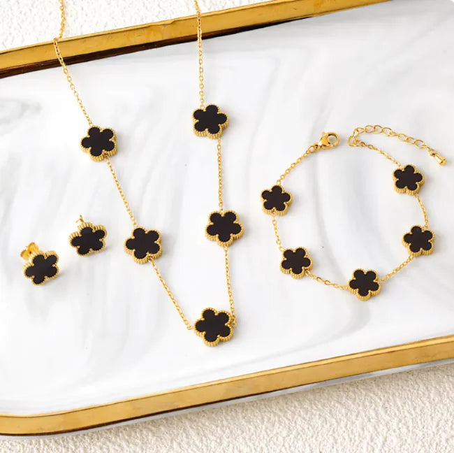 Elegant Five-Leaf Flower Jewelry Set – Titanium Steel Bracelet, Necklace & Stud Earrings