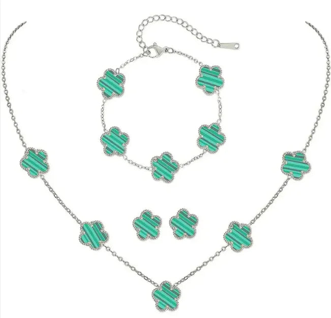 Elegant Five-Leaf Flower Jewelry Set – Titanium Steel Bracelet, Necklace & Stud Earrings