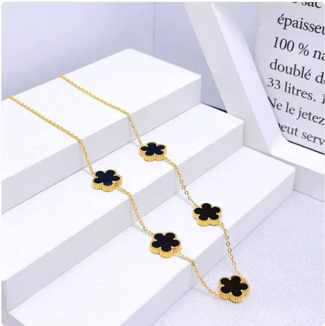 Elegant Five-Leaf Flower Jewelry Set – Titanium Steel Bracelet, Necklace & Stud Earrings