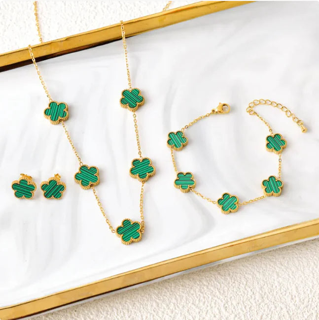 Elegant Five-Leaf Flower Jewelry Set – Titanium Steel Bracelet, Necklace & Stud Earrings