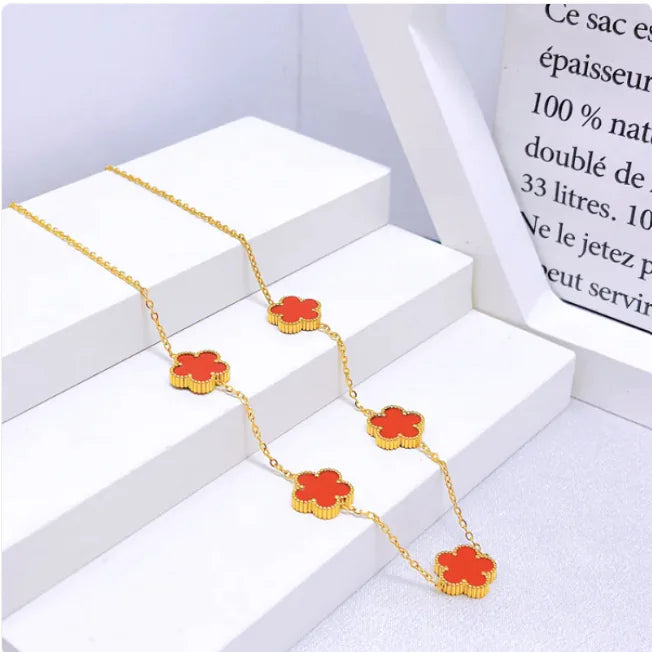 Elegant Five-Leaf Flower Jewelry Set – Titanium Steel Bracelet, Necklace & Stud Earrings