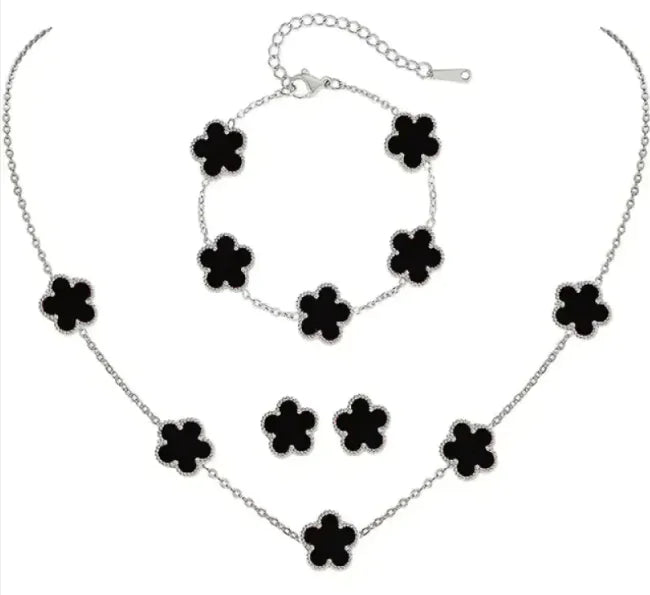 Elegant Five-Leaf Flower Jewelry Set – Titanium Steel Bracelet, Necklace & Stud Earrings