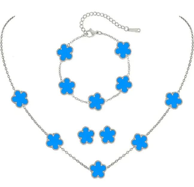 Elegant Five-Leaf Flower Jewelry Set – Titanium Steel Bracelet, Necklace & Stud Earrings