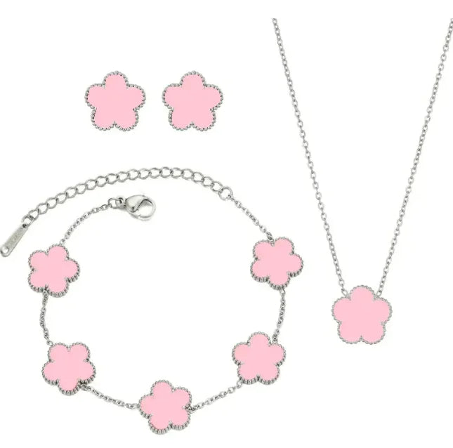 Elegant Five-Leaf Flower Jewelry Set – Titanium Steel Bracelet, Necklace & Stud Earrings