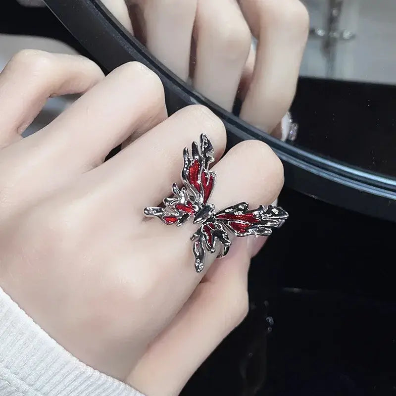 Punk Hiphop Red Drop Glaze Ring for Women Party Jewelry Men Trendy Gothic Butterfly Finger Ring Party Jewellery Gift