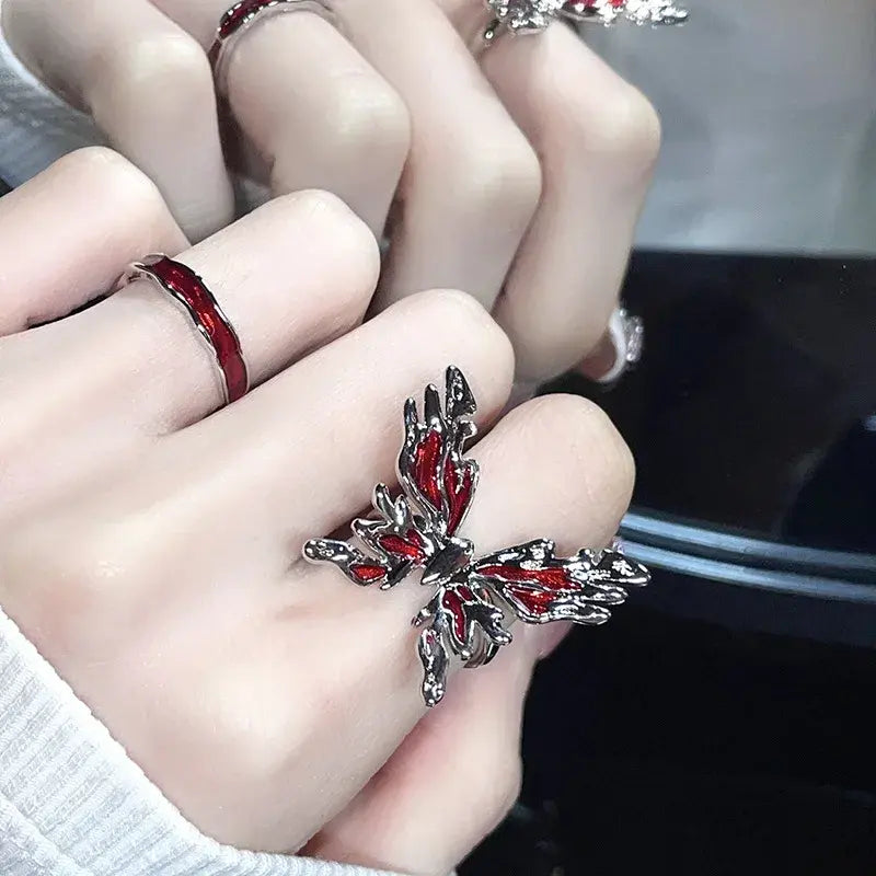 Punk Hiphop Red Drop Glaze Ring for Women Party Jewelry Men Trendy Gothic Butterfly Finger Ring Party Jewellery Gift